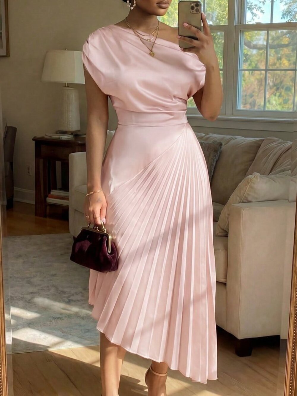 Pink Elegant Women's Plus Size Midi Dress with V-Neck Short Sleeves